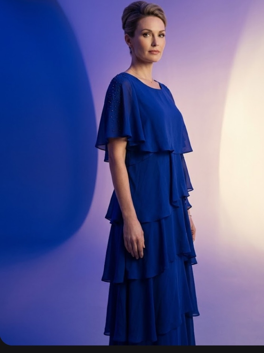 SLNY Royal Blue Tiered Chiffon Maxi Dress